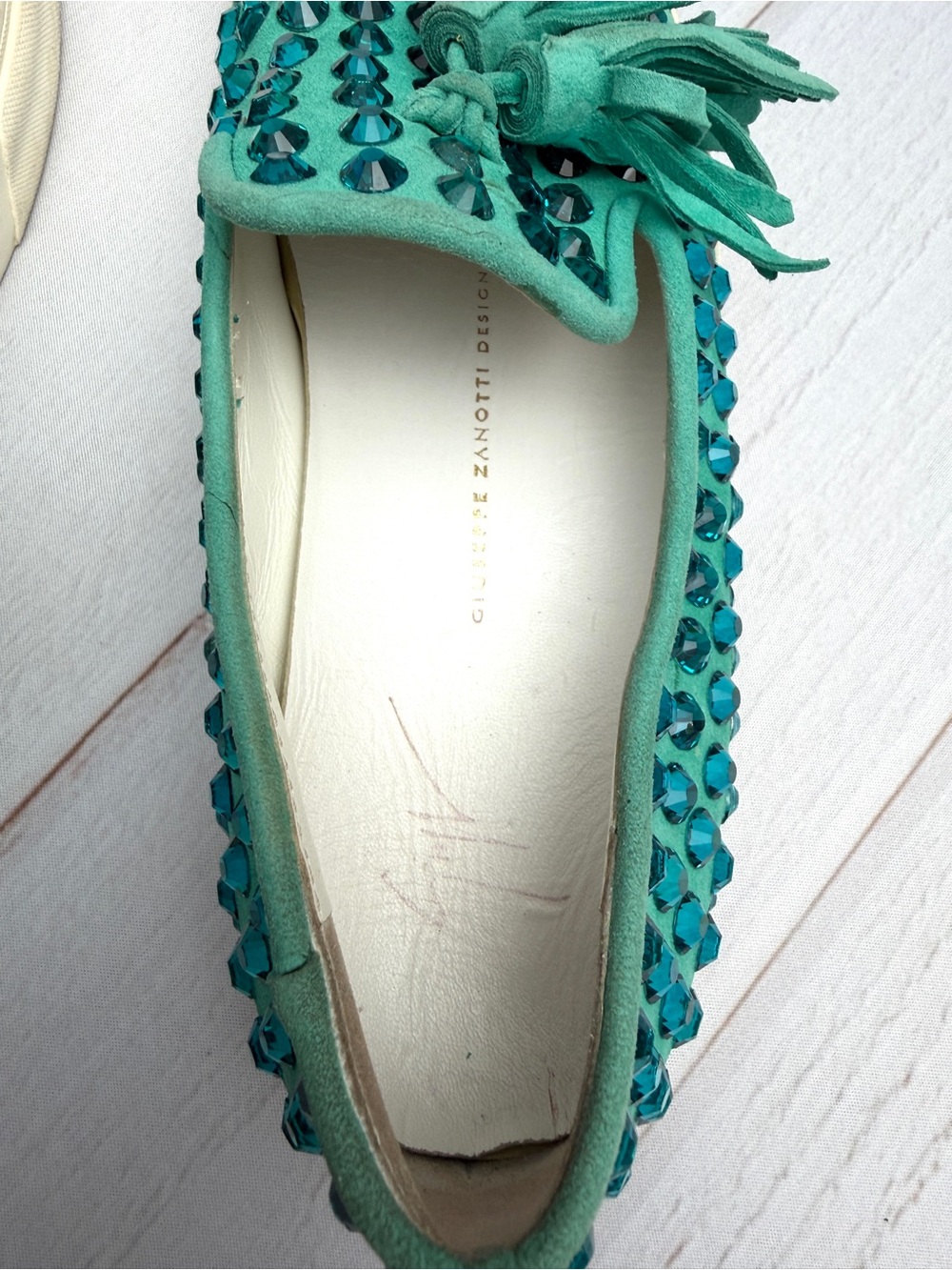 Giuseppe Zanotti Crystal Tassel Loafers Turquoise Suede Size EU 38 (US 8) Italy - Picture 10 of 12